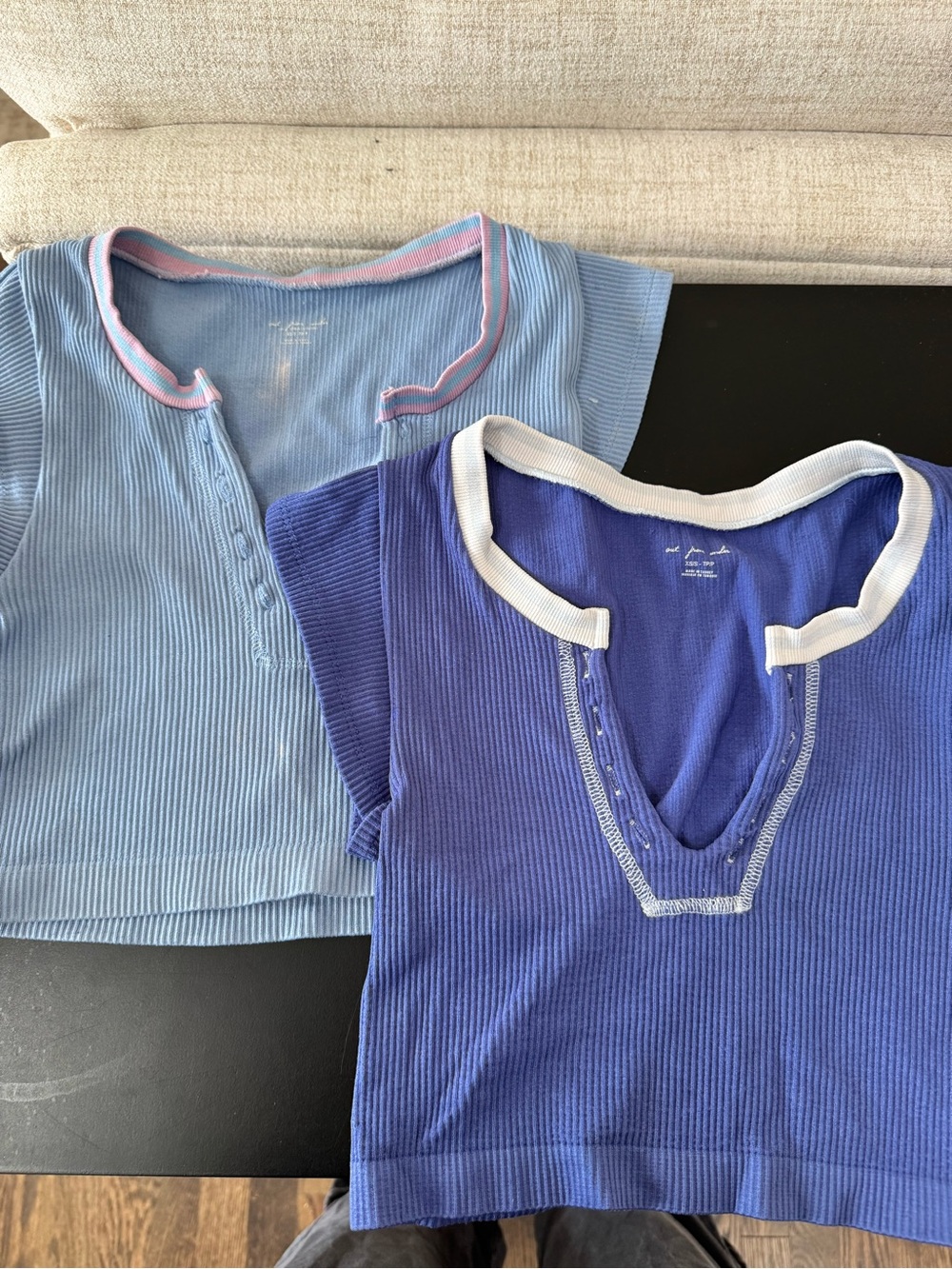 Urban Outfitters Ribbed Blue Crop Top with Pink & Mint Trim